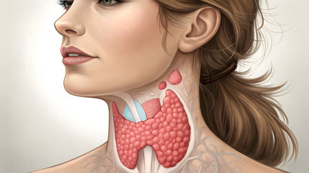 Detailed anatomical illustration showcasing the human thyroid gland and parathyroid glands located in the neck, with surrounding vasculature.の素材