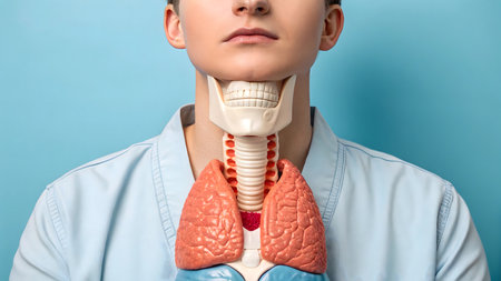 A detailed medical model of the human thyroid gland and surrounding neck anatomy. This illustration highlights its position and structure, essential for medical education, understanding health, and diagnosing conditions.の素材