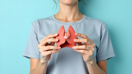 A person displays a coral anatomical model of the female reproductive system, specifically the vagina and cervix. This detailed model is ideal for educational use, offering a clear visual aid for learning human anatomy.の素材