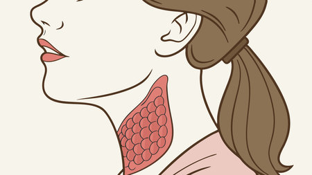 A concise, descriptive illustration shows the thyroid gland, highlighted in red, within the human neck. Learn about its anatomical position and importance.のイラスト素材