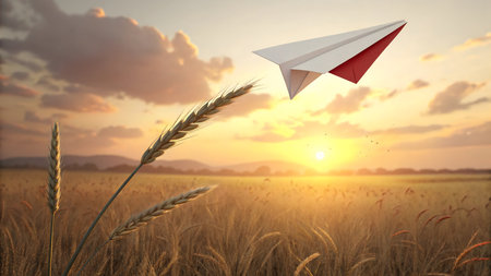 A paper airplane glides gracefully above a golden wheat field at sunset. This serene scene symbolizes dreams, freedom, and the hopeful journey of imagination, capturing a moment of peaceful possibility in a beautiful rural landscape.の素材