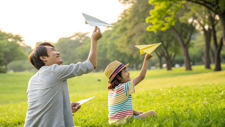 A father and his young daughter enjoy a beautiful sunny day in a lush park, launching paper airplanes together and sharing a joyful bonding moment.の素材