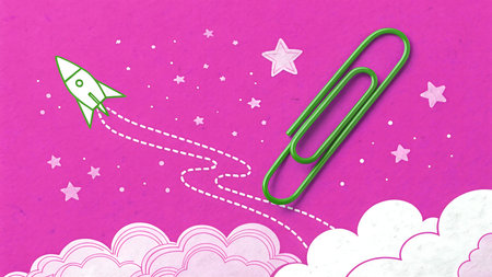 A creative flat lay showcases a green paperclip transformed into a rocket ship flying through a starry sky with fluffy clouds on a pink background. It's a whimsical and imaginative scene, perfect for illustrating ideas taking flight.の素材