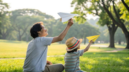 A heartwarming scene captures a father and child enjoying a sunny day, launching paper airplanes in a park. This beautiful outdoor moment shows shared joy and connection, creating wonderful family memories.の素材