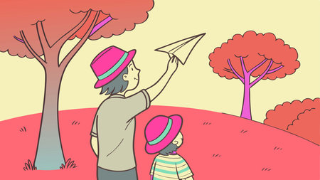 A heartwarming illustration depicts a father and child enjoying a joyful outdoor activity, launching a colorful paper airplane in a sunny park setting.のイラスト素材