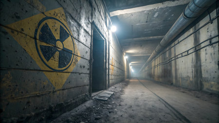 A dimly lit concrete tunnel features a prominent radiation warning symbol, creating an eerie and foreboding sense of danger in an abandoned underground facility.の素材