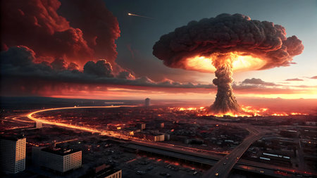 A chilling vision of urban destruction by a powerful nuclear explosion. See the towering mushroom cloud and widespread devastation in this dramatic, digitally rendered image.の素材