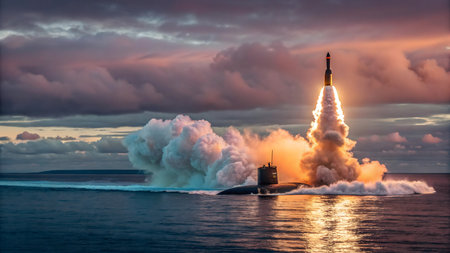 Experience the incredible power of a submarine missile launch. Fiery exhaust illuminates the scene during a dramatic ocean test, creating a stunning visual of modern defense technology in action.の素材
