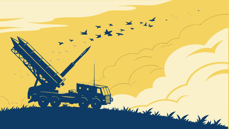 A striking woodcut style illustration depicts a mobile missile launcher set against a vibrant yellow sky with birds in graceful flight, creating a powerful dramatic contrast and symbolic imagery.のイラスト素材
