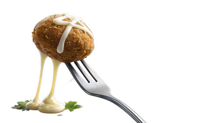 A close-up view of a savory meatball pierced by a fork. It's perfectly textured and generously drizzled with rich, creamy sauce, garnished with fresh parsley, ready for a delightful bite.の素材