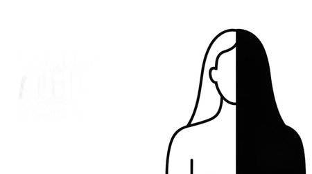 Elegant, minimalist black and white abstract portrait of a woman's profile, featuring stylized lines, high contrast, and a subtle background text design. This modern artwork offers a sleek and clean aesthetic for any project.の素材