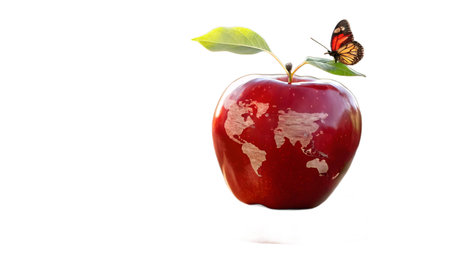 A vibrant red apple etched with a world map, symbolizing global sustainability and the importance of environmental care. This artistic representation highlights interconnectedness and our shared responsibility for Earth's future.の素材
