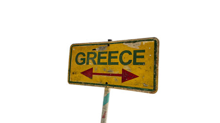 A vintage style yellow road sign points the way to Greece. Its weathered appearance suggests many journeys have passed this spot, beckoning travelers towards an unforgettable adventure. This iconic indicator sparks wanderlust, guiding explorers to a classの素材