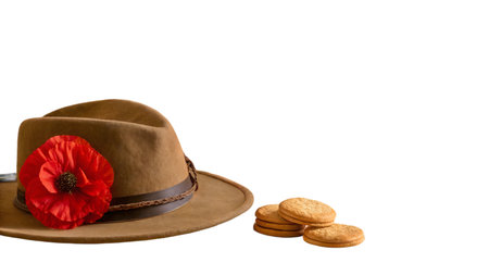 A charming still life featuring a stylish felt fedora hat adorned with a vibrant red poppy, thoughtfully arranged beside a delightful stack of round biscuits on a warm-toned surface. This inviting composition evokes autumnal comfort and a touch of remembrの素材
