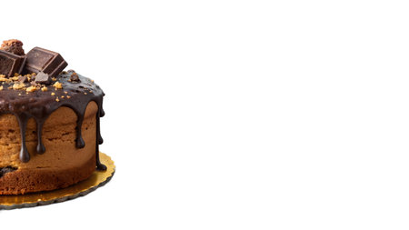 A decadent chocolate cake captivates with its rich glaze, intricate chocolate drizzle, and generous topping of nuts and chocolate pieces. This gourmet dessert, set against a warm dark background, is a tempting treat perfect for any celebration or specialの素材