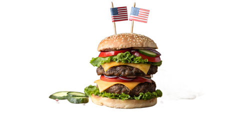 Enjoy a mouth watering double cheeseburger loaded with fresh toppings and miniature American flags, perfect for any patriotic event, party, or summer cookout. A classic festive meal.の素材