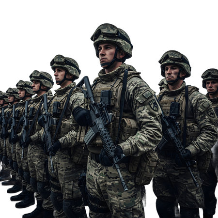 A disciplined line of modern soldiers in camouflage, equipped with rifles and tactical gear, standing at attention, ready for duty and vigilant service.の素材