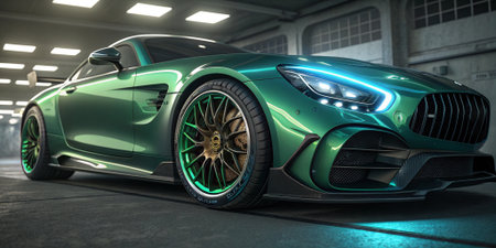 This stunning green performance coupe with custom bronze wheels is showcased in a dramatic underground garage. Its aggressive styling and bespoke elements create a captivating automotive display.の素材