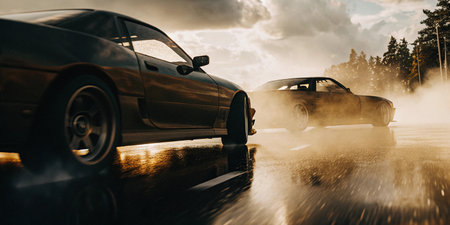 Two sports cars skillfully drift on a wet road under a dramatic sunset sky, showcasing intense speed and precise control in challenging conditions.の素材