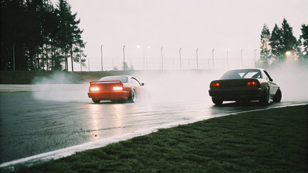 Witness the intense action of two sports cars as they drift expertly on a wet, overcast track. Smoke trails behind them, creating a moody and dynamic motorsport scene full of speed and skill.の素材
