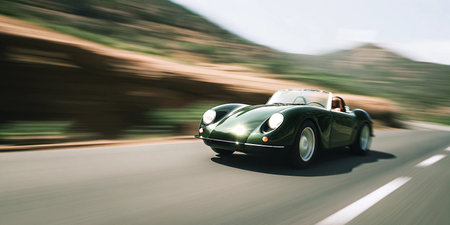 A stunning classic dark green roadster speeds along a picturesque winding road. This vintage convertible showcases freedom, style, and motion against a backdrop of beautiful rolling hills.の素材