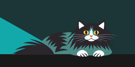 A stylized illustration showcases a fluffy black and white cat with bright yellow eyes, peeking over...