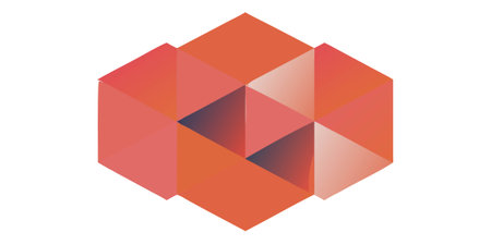 A modern abstract geometric design featuring overlapping triangular planes in warm orange and red...
