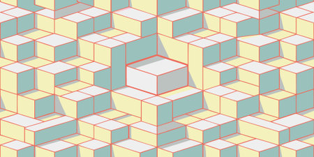 a vibrant abstract geometric pattern featuring interlocking isometric cubes in soft pastel yellow,...