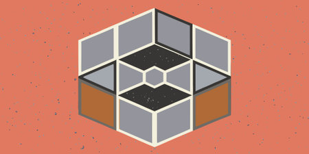 Stylized isometric illustration of nested cubes with speckled background. Geometric art featuring...