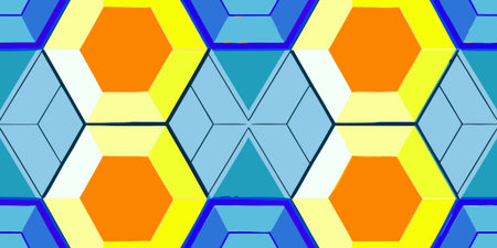 a vibrant kaleidoscope pattern featuring symmetrical interlocking hexagons and squares. this bold...