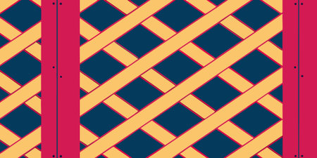 this abstract geometric design features a woven navy and gold lattice pattern. the graphic is...