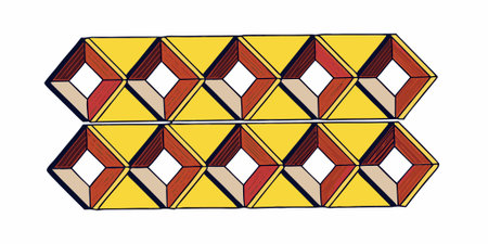 a repeating tessellation featuring hexagonal and triangular forms in a bold color scheme of yellow,...