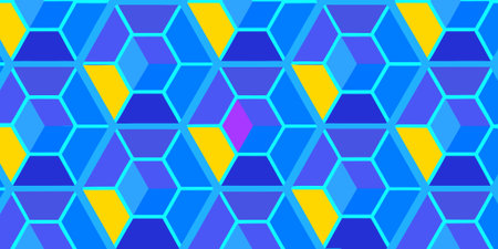 a vibrant abstract geometric background featuring a repeating isometric hexagon pattern in shades of...
