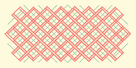 An abstract pattern of intersecting pink and green rectangles forming a diamond-shaped lattice on a...