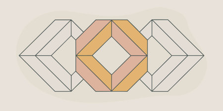 a symmetrical geometric illustration with interlocking diamond shapes in warm peach and gold tones....