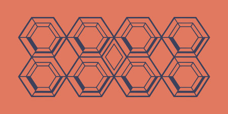 a modern geometric pattern featuring nested hexagons in blue-gray tones over a salmon background....