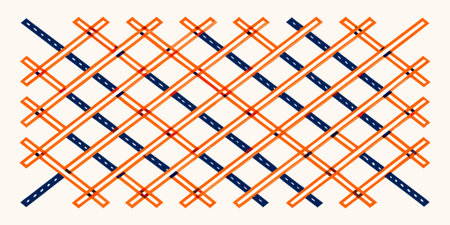 A modern orange and navy blue geometric pattern featuring an interlocking lattice or stylized road...