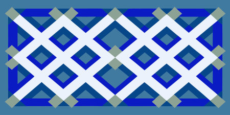 A modern geometric quilt pattern featuring a repeating lattice design. The blue, gray, and white...