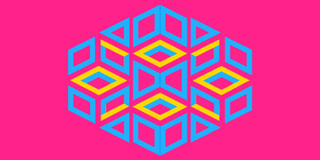 a vibrant and colorful isometric geometric pattern featuring interlocking blue cubes and yellow...