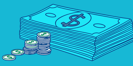 a cartoon illustration of stacked dollar banknotes and gold coins. this image represents financial...