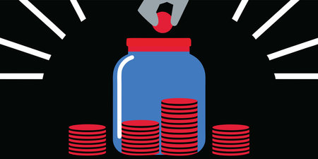 a close up shot of a hand placing a coin into a glass jar filled with money, representing the...