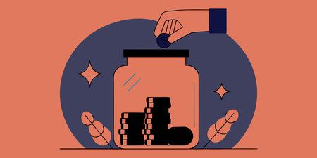 a minimalist illustration showing a hand dropping a coin into a glass jar. this conceptual graphic...