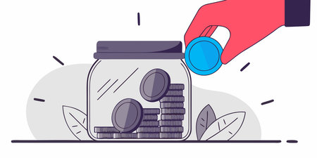 a hand drops a coin into a glass jar filled with money and a green sprout, symbolizing financial...