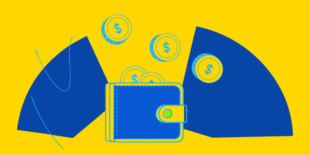 An illustration of an open blue wallet with dollar coins falling out against a bright yellow...
