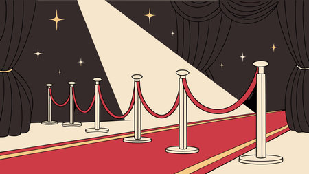 a stylized cartoon illustration of a glamorous red carpet event entrance with velvet ropes, curtains, and a bright spotlight. perfect for award show and gala premiere concepts.のイラスト素材
