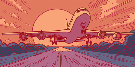 a stylized cartoon-style image depicting an airplane lifting off, framed by a colorful sky and...