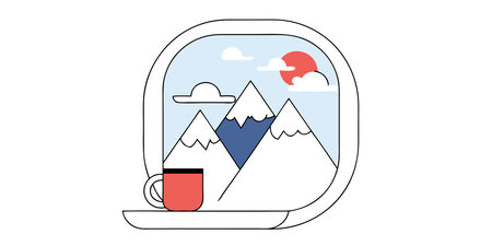 A tranquil flat design illustration captures a cozy winter mountain view from a window, with a warm...