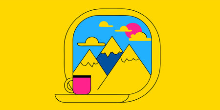 Enjoy a serene stylized view of majestic mountains from an airplane window, complete with a...