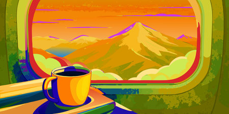 stylizedillustrationofapeacefulmountainviewwithwarmmorningcoffeeatsunriseperfectforcozytravelrelaxationandcontemplationbeautifulsceneryandserenemomentsawaitineverydetailofthisvibrantdigitalart...