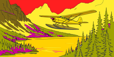 A vibrant, stylized illustration shows a floatplane over a beautiful mountain lake. This colorful...